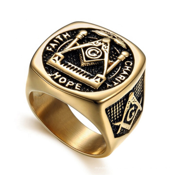 Custom Antique Gold Plated Männer schwarzer Ring Edelstahl exquisit freimaurerischem Gegenstand Ringe